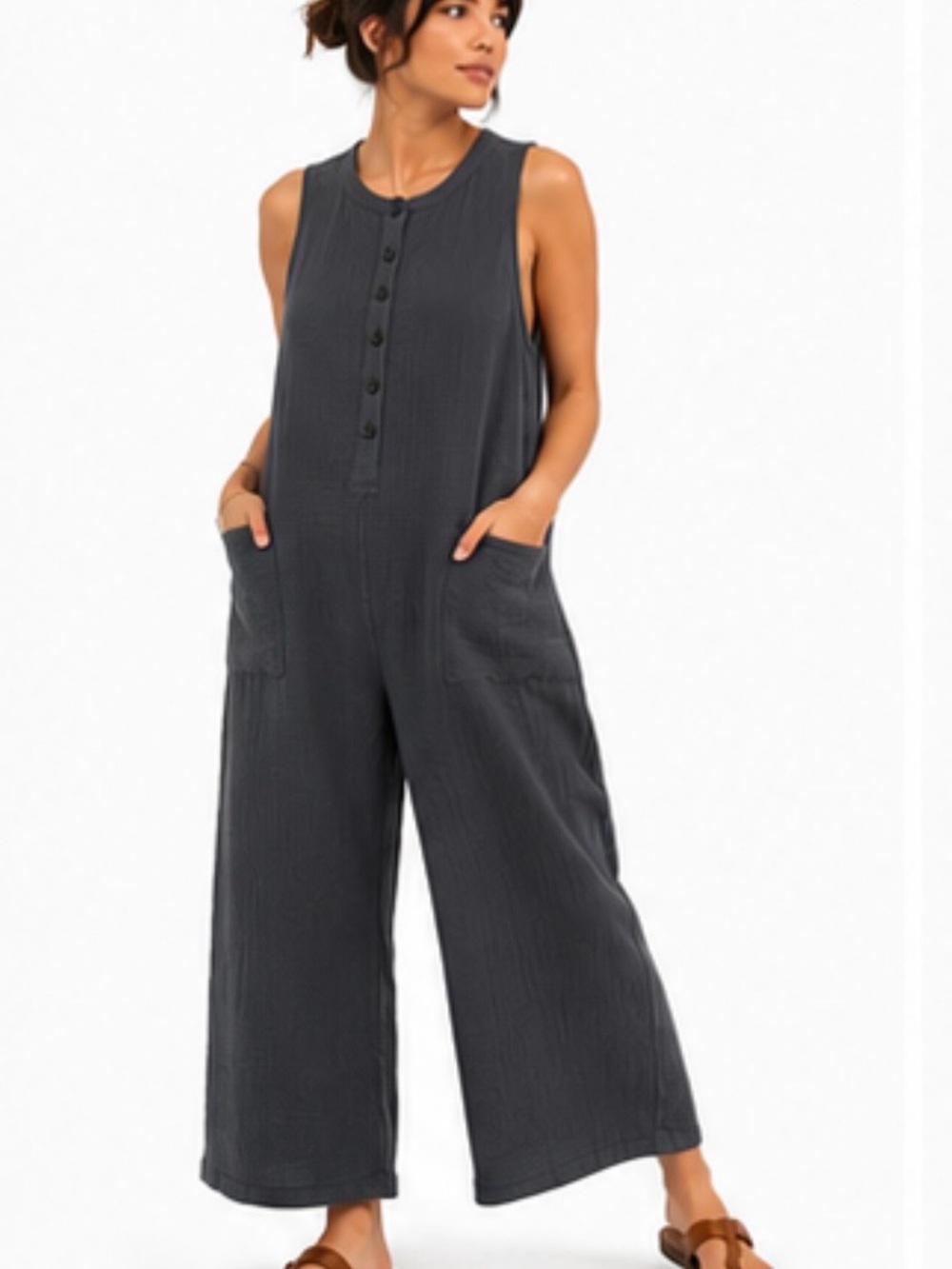 A-Ren Grey Blue One Piece Cotton Waffle Knit Button Wide Leg Jumpsuit Women Sm